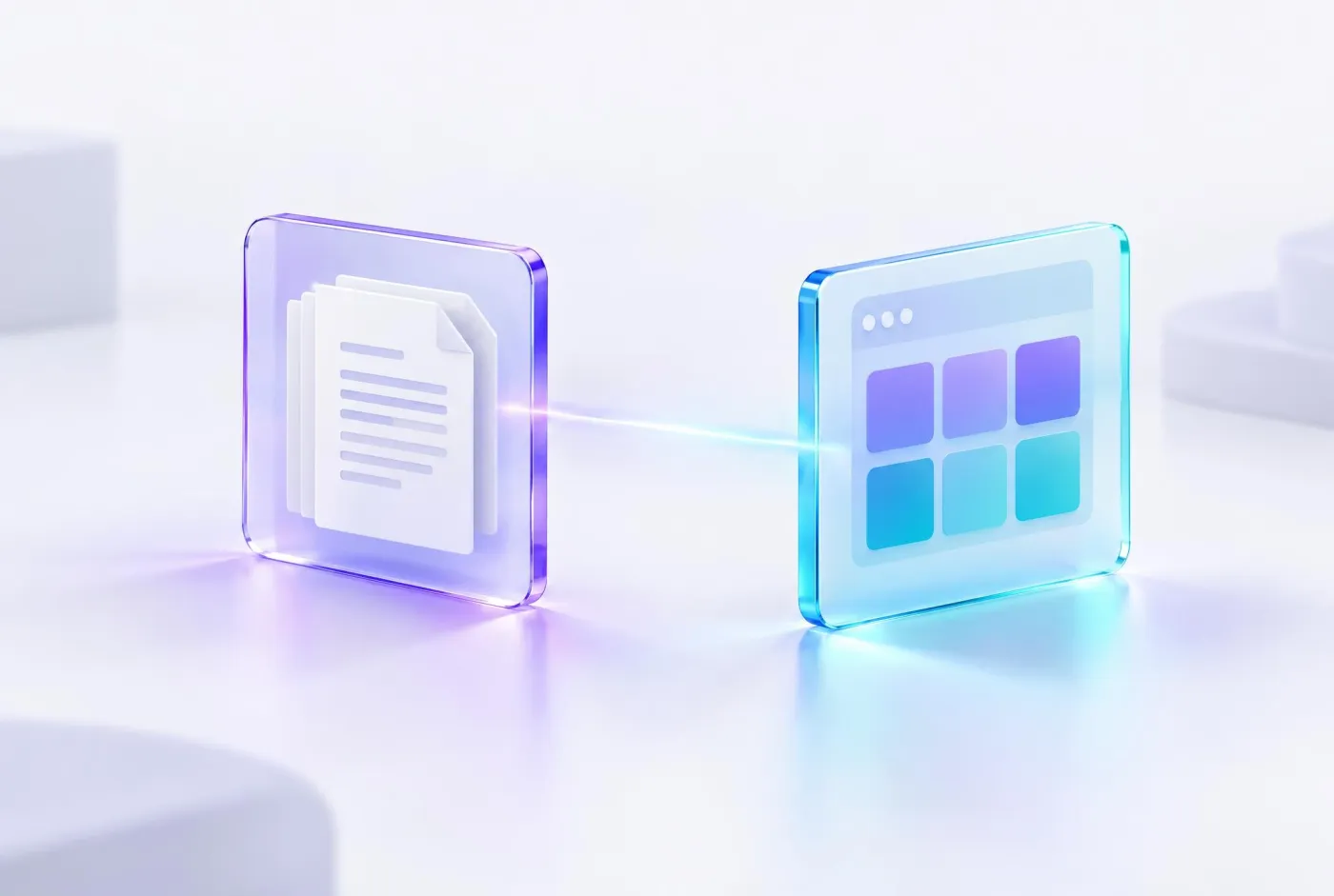 Two glass panels joined by a beam of light, one holding documents and one a software window