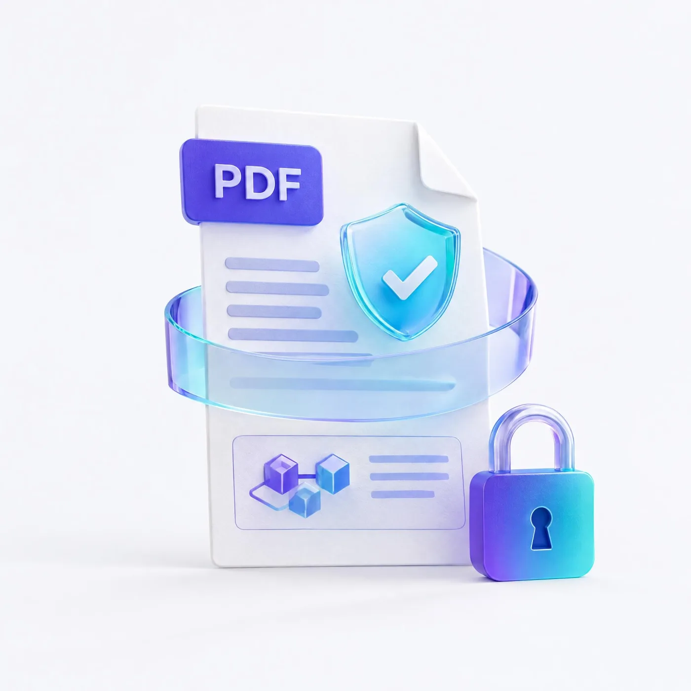A PDF document with a verified shield, a glass ring around it and a lock beside it