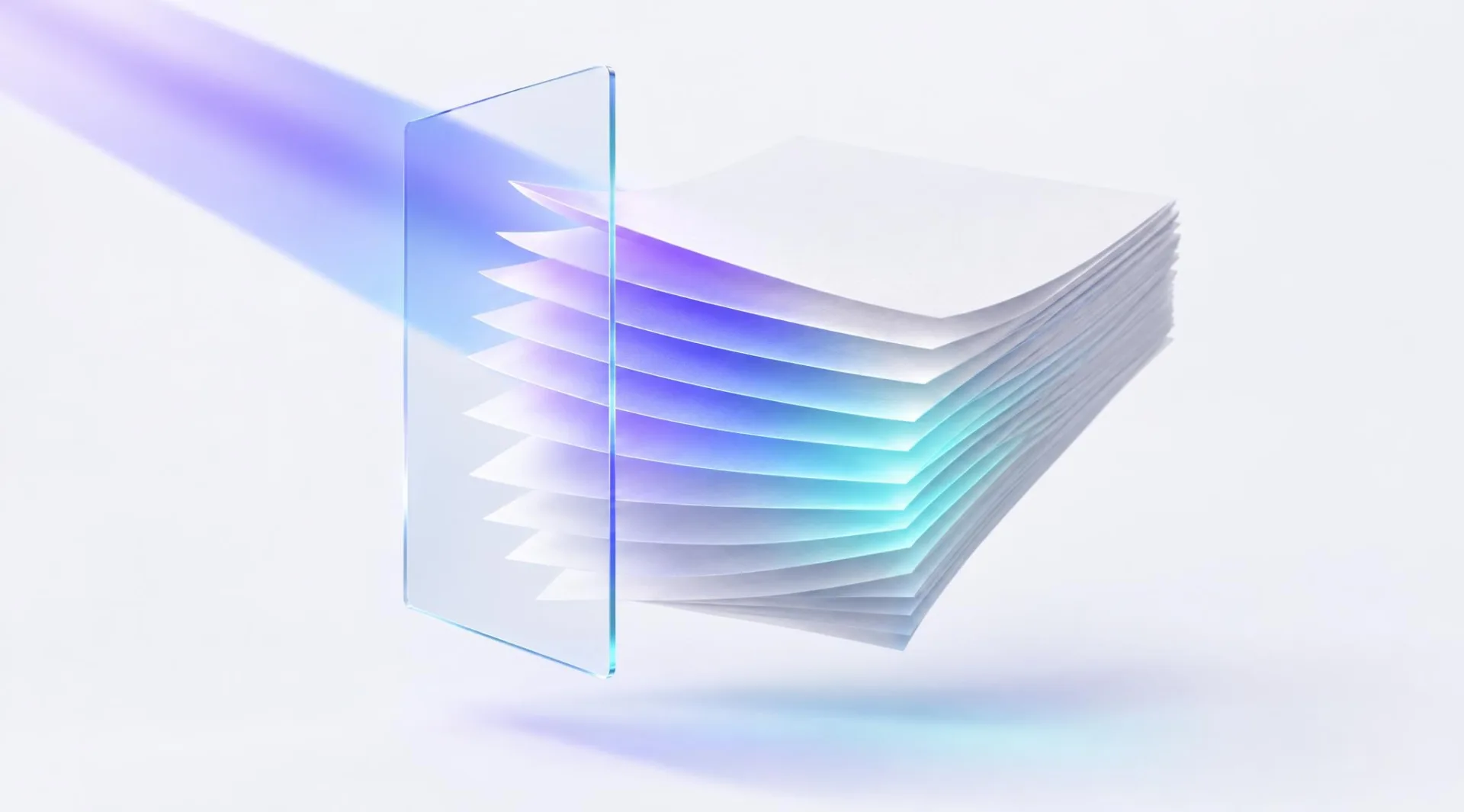 A beam of light passing through a glass pane into a stack of pages, each page lit indigo, violet and cyan